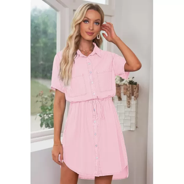 luvamia Women Casual Denim Dress Short Sleeve Tie Waist Classic Jean Shirt DressLight Pink