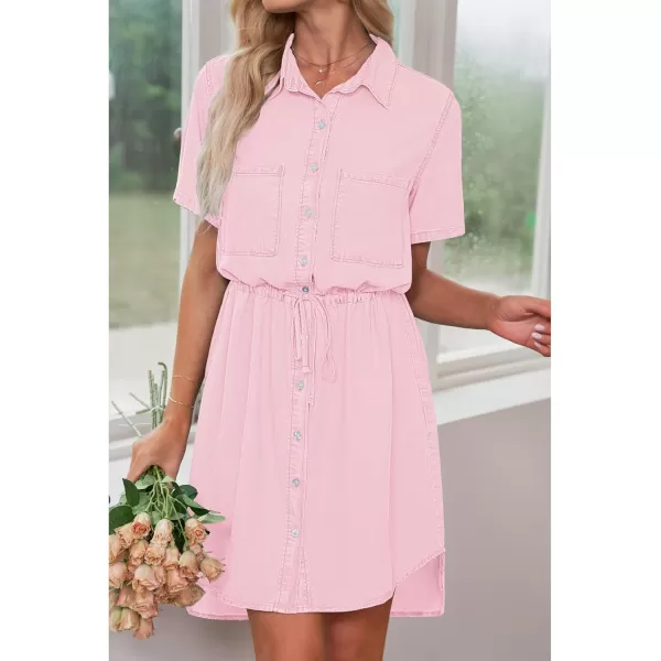 luvamia Women Casual Denim Dress Short Sleeve Tie Waist Classic Jean Shirt DressLight Pink