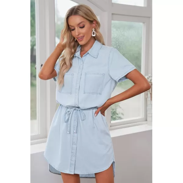luvamia Women Casual Denim Dress Short Sleeve Tie Waist Classic Jean Shirt DressMist Blue