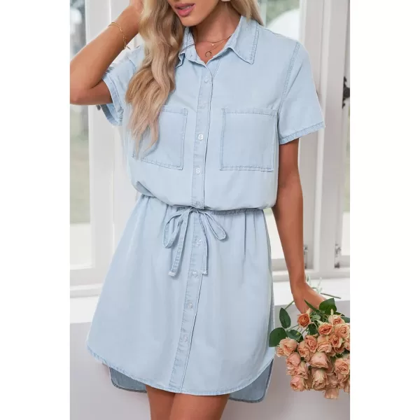 luvamia Women Casual Denim Dress Short Sleeve Tie Waist Classic Jean Shirt DressMist Blue