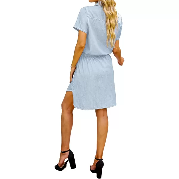 luvamia Women Casual Denim Dress Short Sleeve Tie Waist Classic Jean Shirt DressMist Blue