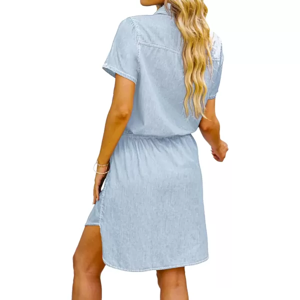 luvamia Women Casual Denim Dress Short Sleeve Tie Waist Classic Jean Shirt DressMist Blue