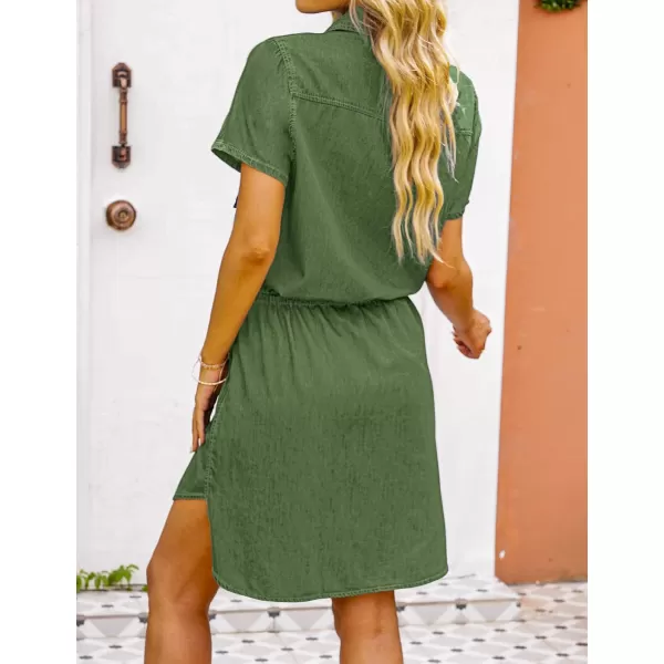 luvamia Women Casual Denim Dress Short Sleeve Tie Waist Classic Jean Shirt DressVineyard Green