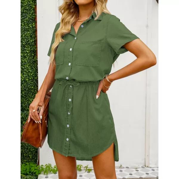 luvamia Women Casual Denim Dress Short Sleeve Tie Waist Classic Jean Shirt DressVineyard Green