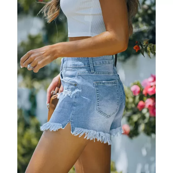 luvamia Women Casual High Waisted Denim Shorts Frayed Raw Hem Ripped Jeans ShortsA Blue Tides