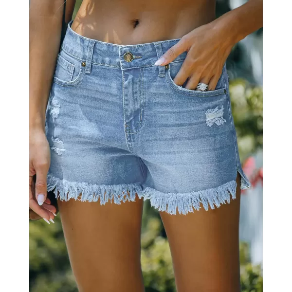 luvamia Women Casual High Waisted Denim Shorts Frayed Raw Hem Ripped Jeans ShortsA Blue Tides