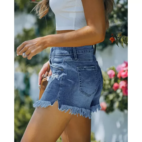 luvamia Women Casual High Waisted Denim Shorts Frayed Raw Hem Ripped Jeans ShortsA Bright Cobalt Blue