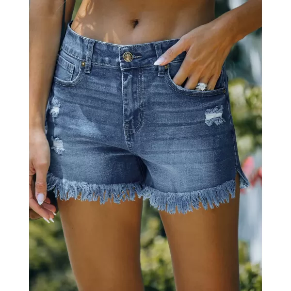 luvamia Women Casual High Waisted Denim Shorts Frayed Raw Hem Ripped Jeans ShortsA Bright Cobalt Blue