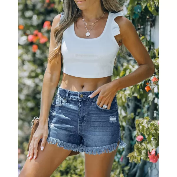 luvamia Women Casual High Waisted Denim Shorts Frayed Raw Hem Ripped Jeans ShortsA Bright Cobalt Blue