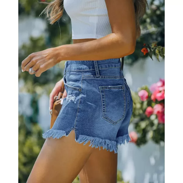 luvamia Women Casual High Waisted Denim Shorts Frayed Raw Hem Ripped Jeans ShortsA Wishful Blue
