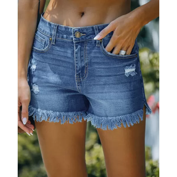 luvamia Women Casual High Waisted Denim Shorts Frayed Raw Hem Ripped Jeans ShortsA Wishful Blue