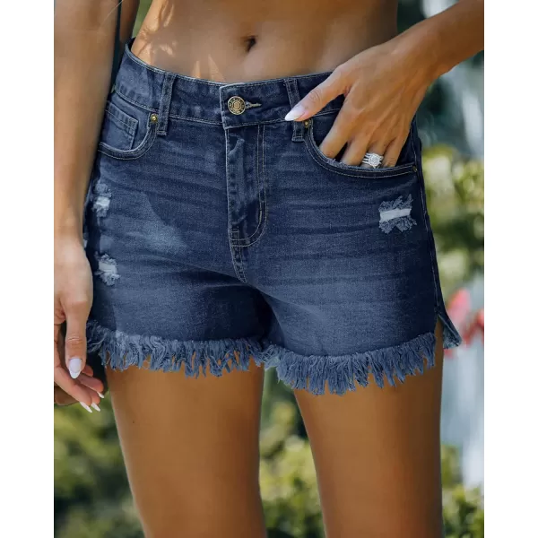 luvamia Women Casual High Waisted Denim Shorts Frayed Raw Hem Ripped Jeans ShortsA1 Cobalt Night Blue