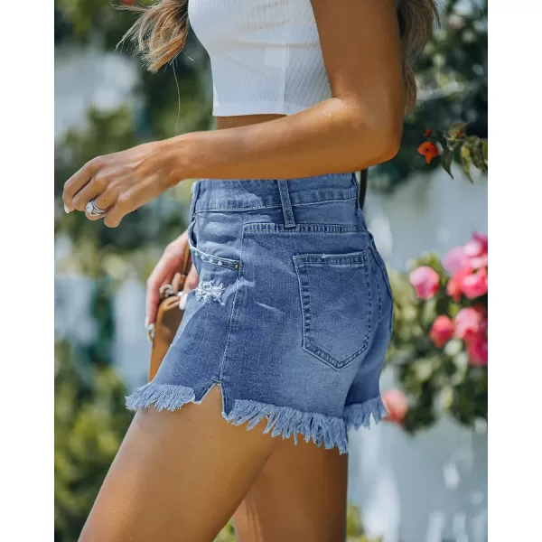 luvamia Women Casual High Waisted Denim Shorts Frayed Raw Hem Ripped Jeans ShortsA1 Fresh Bright Blue