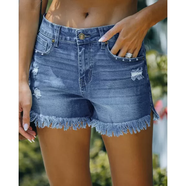 luvamia Women Casual High Waisted Denim Shorts Frayed Raw Hem Ripped Jeans ShortsA1 Fresh Bright Blue