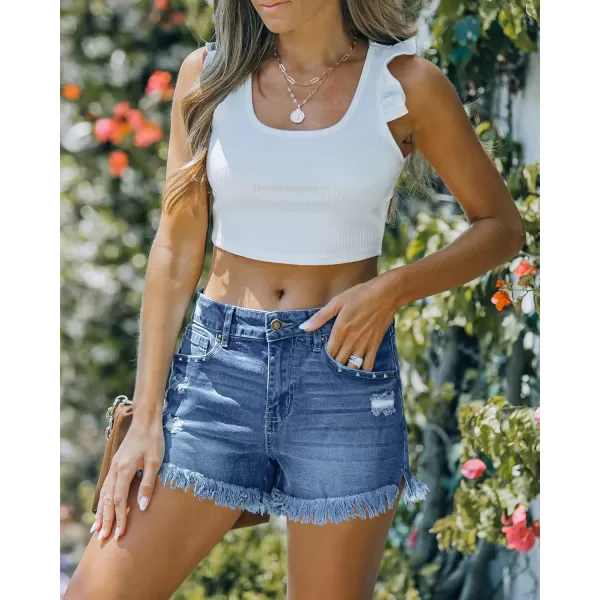luvamia Women Casual High Waisted Denim Shorts Frayed Raw Hem Ripped Jeans ShortsA1 Fresh Bright Blue