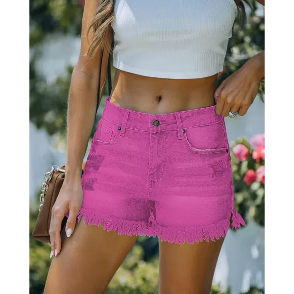 luvamia Women Casual High Waisted Denim Shorts Frayed Raw Hem Ripped Jeans ShortsA1 Hot Pink