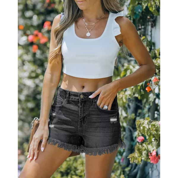 luvamia Women Casual High Waisted Denim Shorts Frayed Raw Hem Ripped Jeans ShortsA1 Soft Black