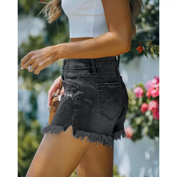 luvamia Women Casual High Waisted Denim Shorts Frayed Raw Hem Ripped Jeans ShortsA1 Soft Black