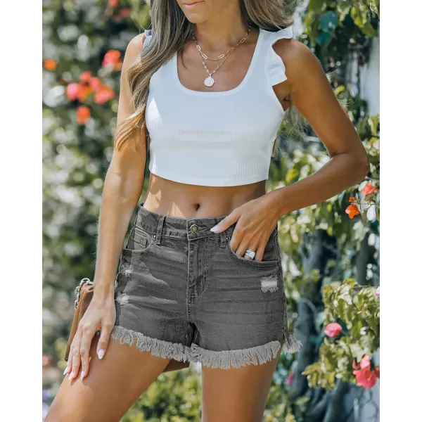 luvamia Women Casual High Waisted Denim Shorts Frayed Raw Hem Ripped Jeans ShortsA1 Stone Gray