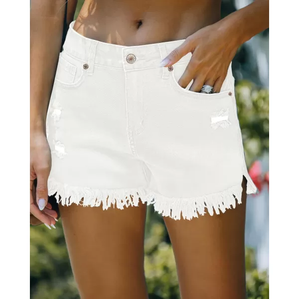 luvamia Women Casual High Waisted Denim Shorts Frayed Raw Hem Ripped Jeans ShortsA1 White