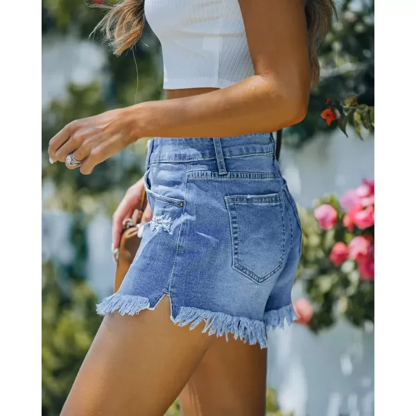 luvamia Women Casual High Waisted Denim Shorts Frayed Raw Hem Ripped Jeans ShortsBlue