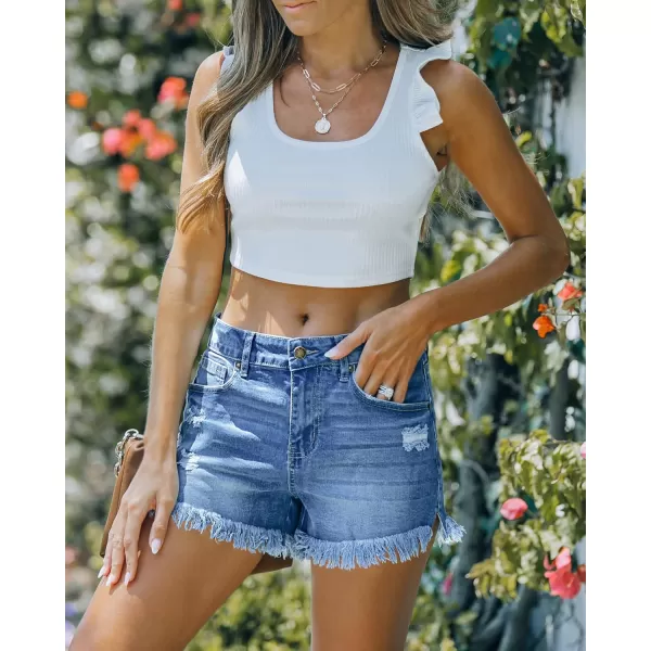 luvamia Women Casual High Waisted Denim Shorts Frayed Raw Hem Ripped Jeans ShortsBlue