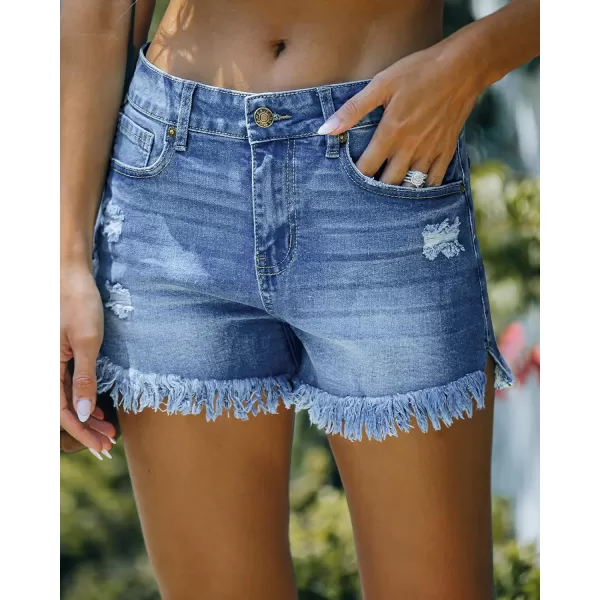 luvamia Women Casual High Waisted Denim Shorts Frayed Raw Hem Ripped Jeans ShortsBlue