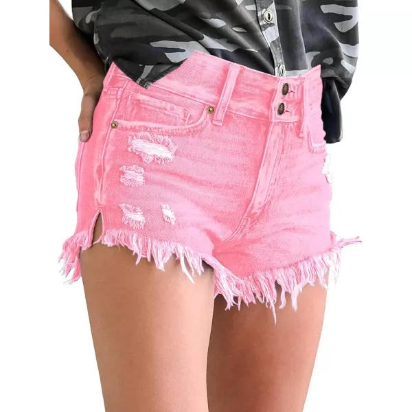 luvamia Women Casual High Waisted Denim Shorts Frayed Raw Hem Ripped Jeans ShortsHot Pink