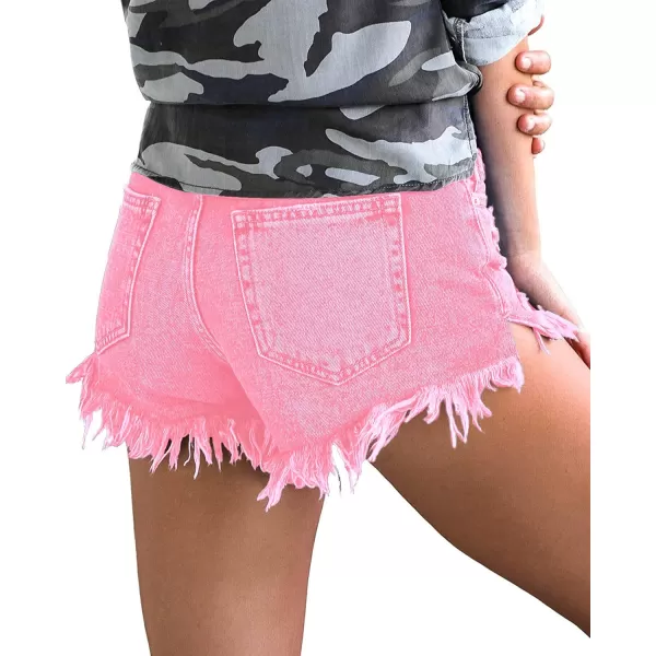 luvamia Women Casual High Waisted Denim Shorts Frayed Raw Hem Ripped Jeans ShortsHot Pink