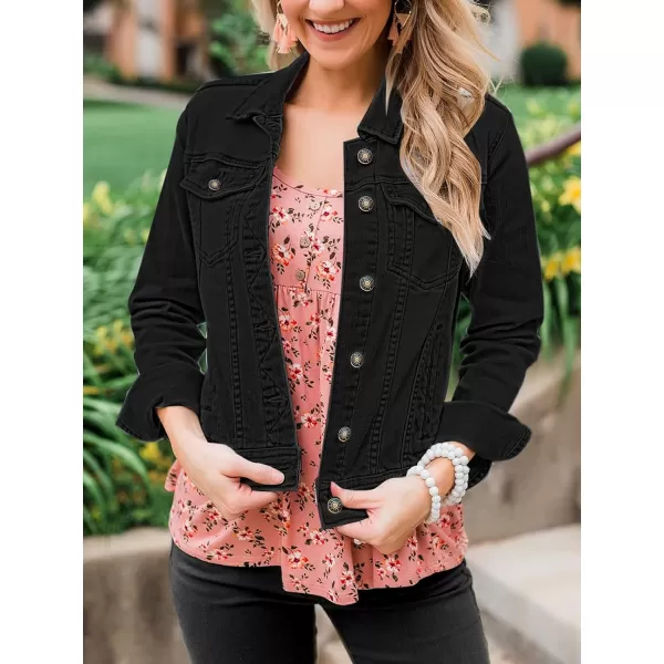 luvamia Womens Basic Button Down Stretch Fitted Long Sleeves Denim Jean JacketAlways Black