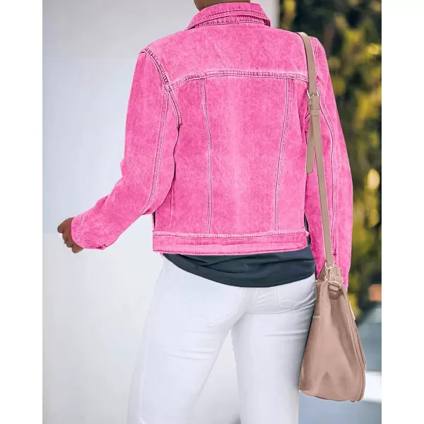 luvamia Womens Basic Button Down Stretch Fitted Long Sleeves Denim Jean JacketAurora Pink