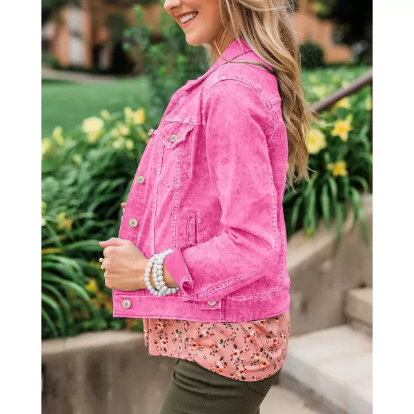 luvamia Womens Basic Button Down Stretch Fitted Long Sleeves Denim Jean JacketAurora Pink