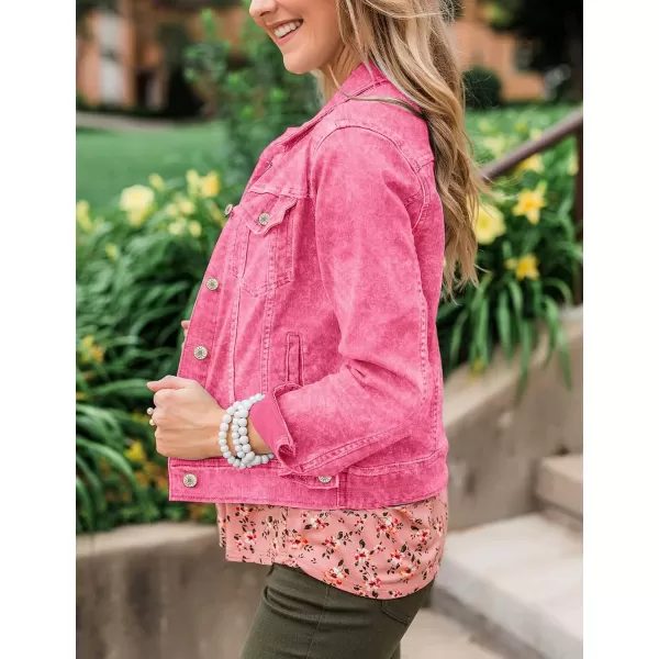 luvamia Womens Basic Button Down Stretch Fitted Long Sleeves Denim Jean JacketAurora Pink