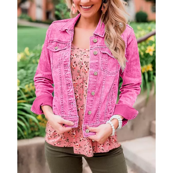 luvamia Womens Basic Button Down Stretch Fitted Long Sleeves Denim Jean JacketAurora Pink