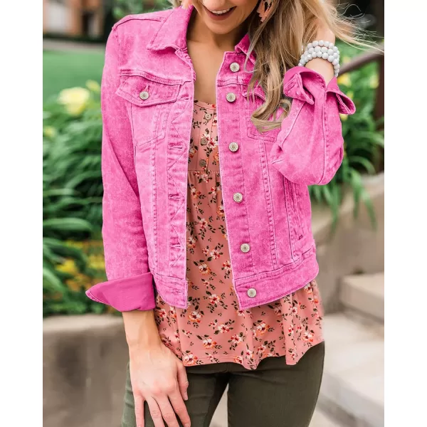 luvamia Womens Basic Button Down Stretch Fitted Long Sleeves Denim Jean JacketAurora Pink