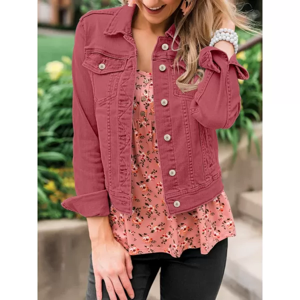 luvamia Womens Basic Button Down Stretch Fitted Long Sleeves Denim Jean JacketBaroque Rose