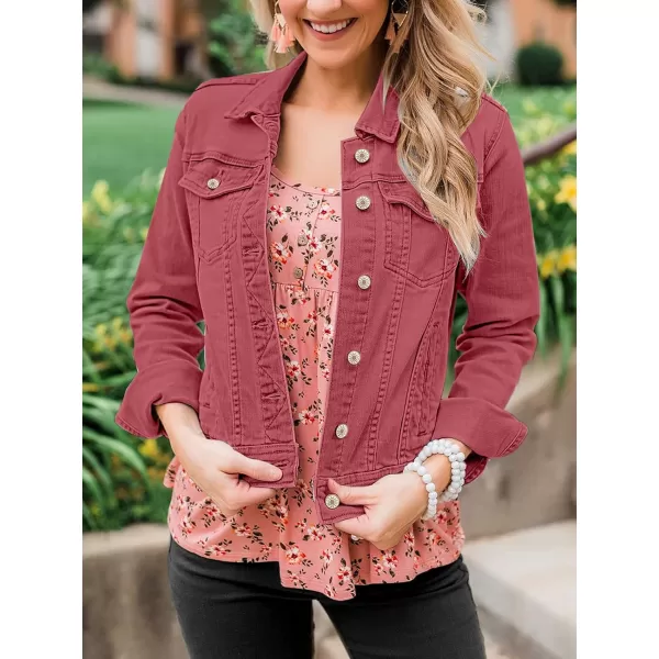luvamia Womens Basic Button Down Stretch Fitted Long Sleeves Denim Jean JacketBaroque Rose
