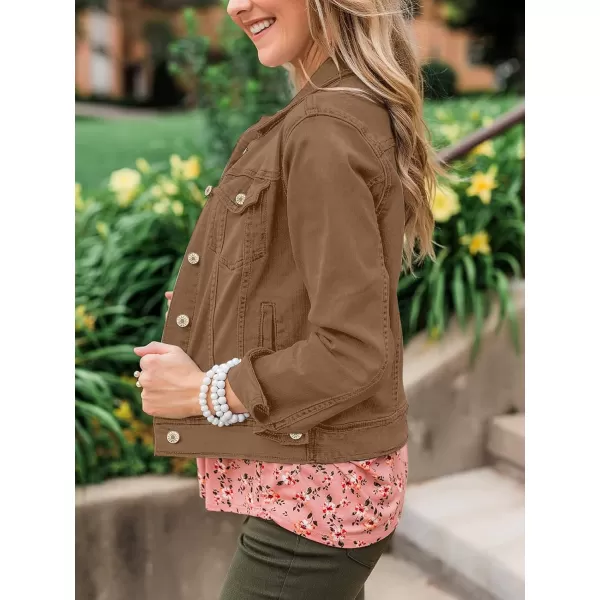 luvamia Womens Basic Button Down Stretch Fitted Long Sleeves Denim Jean JacketBrown