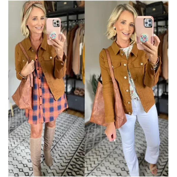 luvamia Womens Basic Button Down Stretch Fitted Long Sleeves Denim Jean JacketBrown