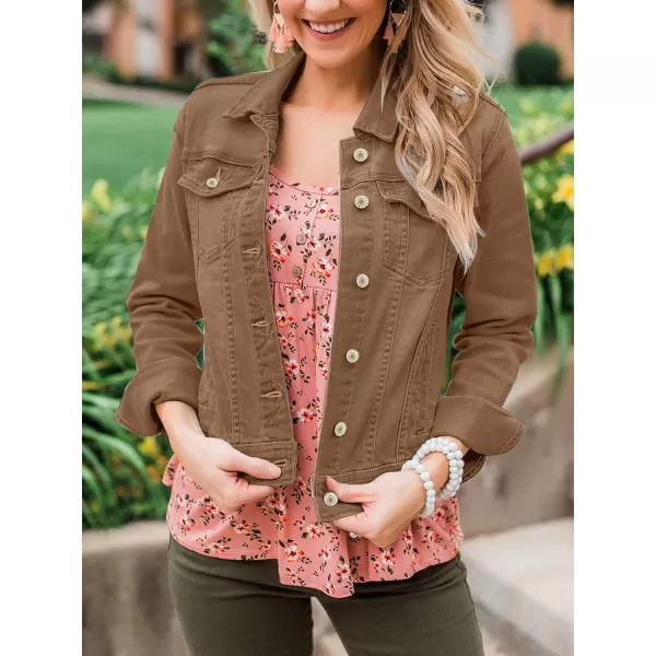 luvamia Womens Basic Button Down Stretch Fitted Long Sleeves Denim Jean JacketBrown