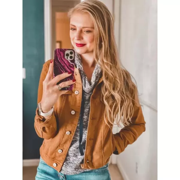 luvamia Womens Basic Button Down Stretch Fitted Long Sleeves Denim Jean JacketBrown