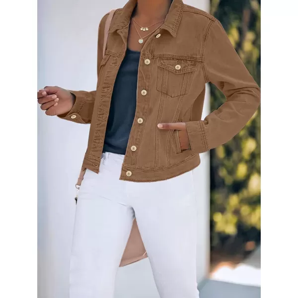 luvamia Womens Basic Button Down Stretch Fitted Long Sleeves Denim Jean JacketBrown