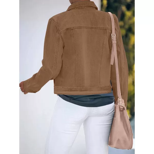 luvamia Womens Basic Button Down Stretch Fitted Long Sleeves Denim Jean JacketBrown