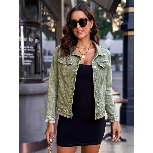 luvamia Womens Basic Button Down Stretch Fitted Long Sleeves Denim Jean JacketCalliste Green