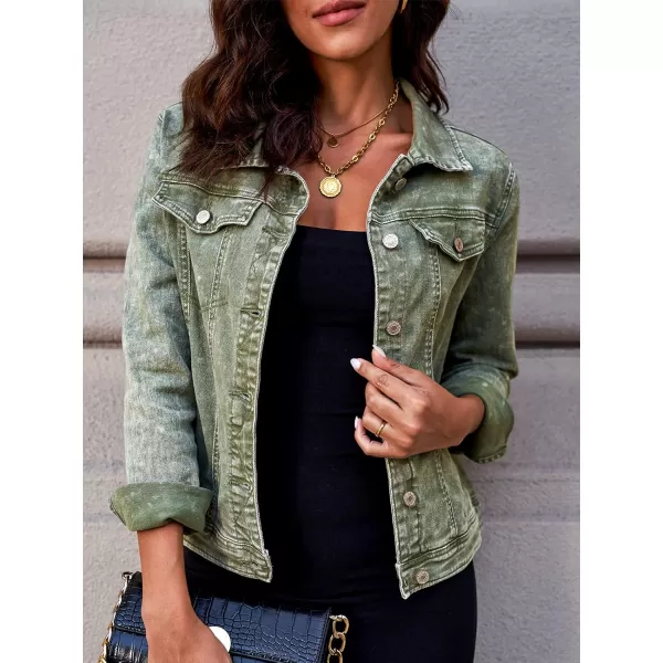 luvamia Womens Basic Button Down Stretch Fitted Long Sleeves Denim Jean JacketCalliste Green