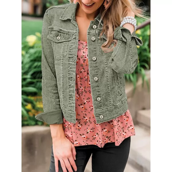 luvamia Womens Basic Button Down Stretch Fitted Long Sleeves Denim Jean JacketCalliste Green