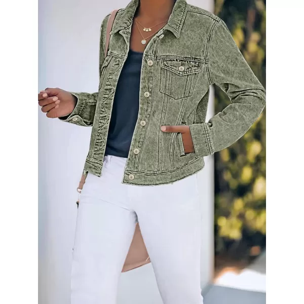 luvamia Womens Basic Button Down Stretch Fitted Long Sleeves Denim Jean JacketCalliste Green