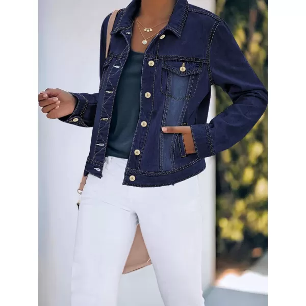 luvamia Womens Basic Button Down Stretch Fitted Long Sleeves Denim Jean JacketDarkness Blue