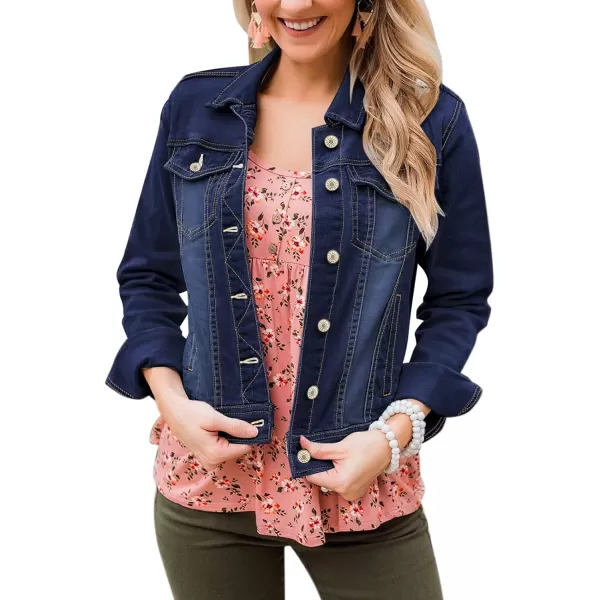 luvamia Womens Basic Button Down Stretch Fitted Long Sleeves Denim Jean JacketDarkness Blue