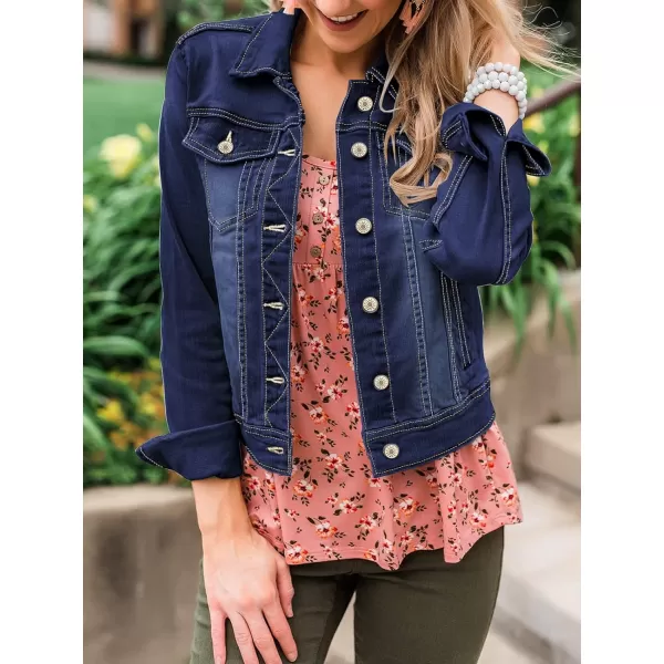 luvamia Womens Basic Button Down Stretch Fitted Long Sleeves Denim Jean JacketDarkness Blue
